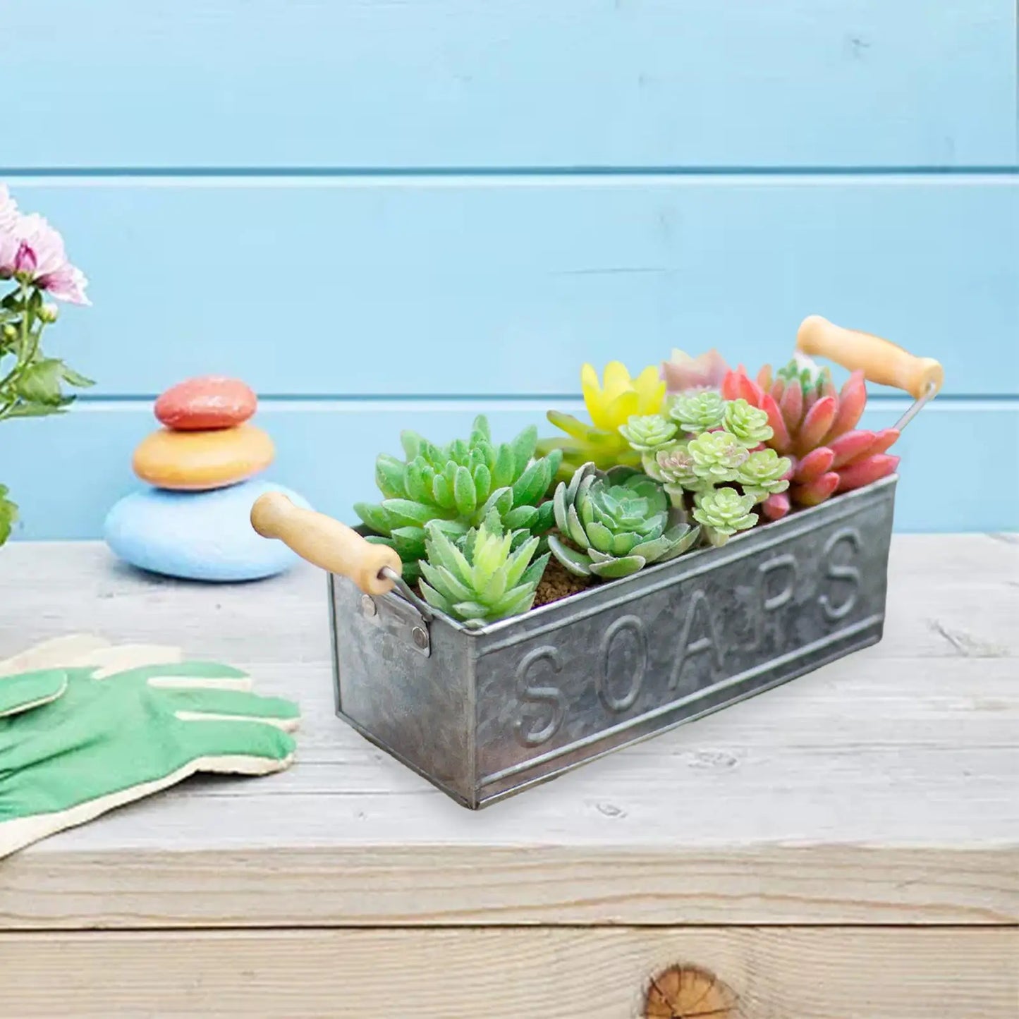 Galvanized Metal Flower Pots, with Wooden Handles Decor Container Vase Iron Flower Pot for Farmhouse Home Windowsill Balcony
