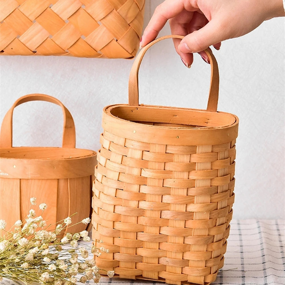 Hand-Woven Wood Storage Basket Portable Wall Hanging Flower Basket Organizer Fruit Vegetable Toys Rattan Box Home Decoration