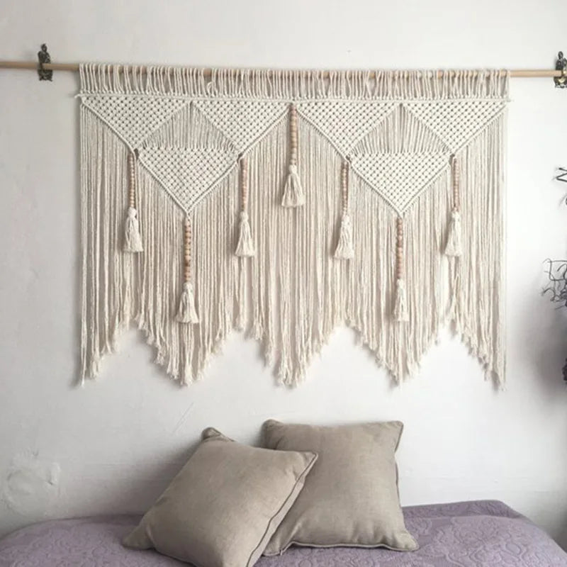 Bohemian Hand-Woven Tapestry Curtains Leaf Pattern Tassel Sofa Bedside Background Wall Hanging Room Decoration Curtain Tapestry