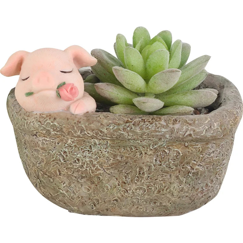 Farmhouse Piggy Flower Pot for Succulents Plants, Animal Resin Planters, Cute Flower Pots Containers, Home Tablptop Decoration