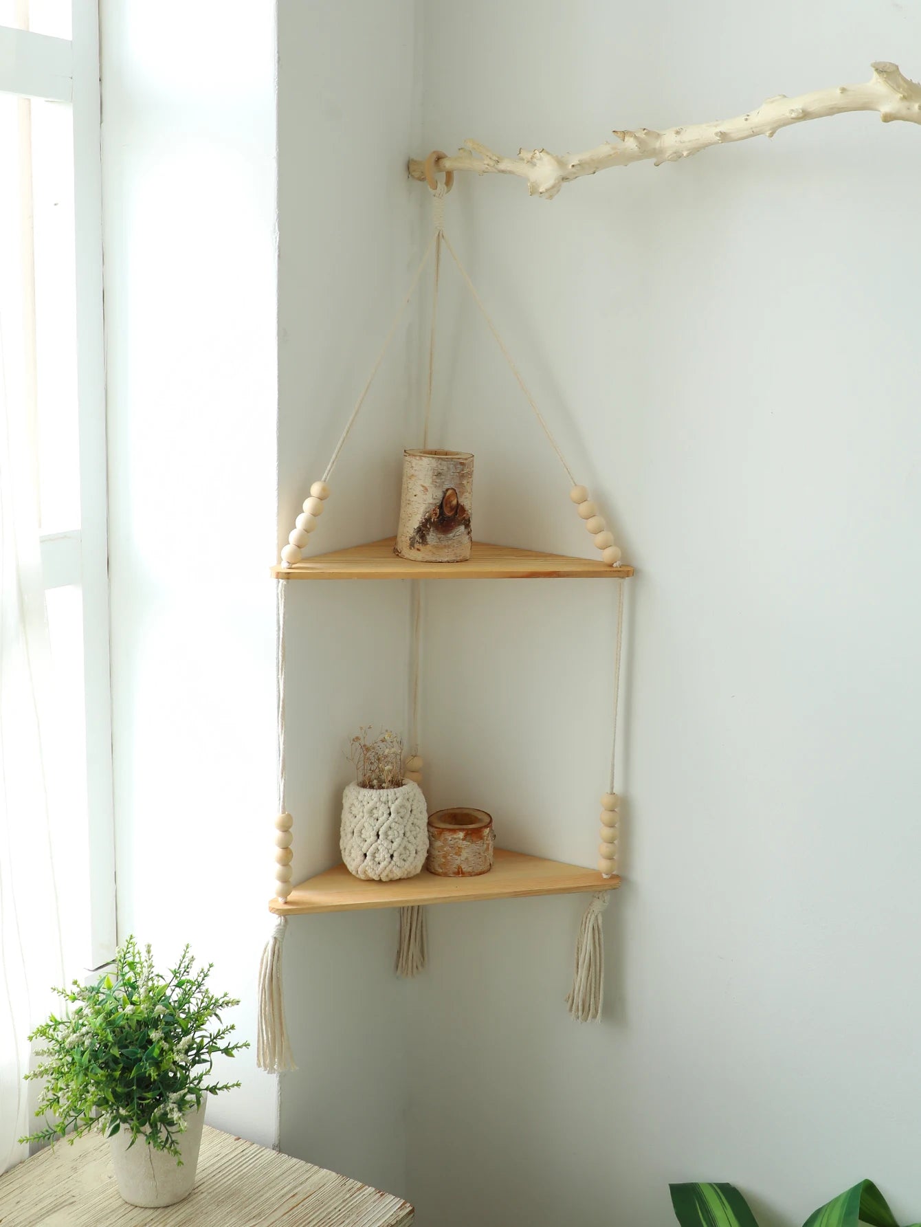 Wooden Corner Shelf Wall Decor Pot Storage Display Stand Macrame Floating Shelf Wall Organizer Boho Room Nordic Home Decoration