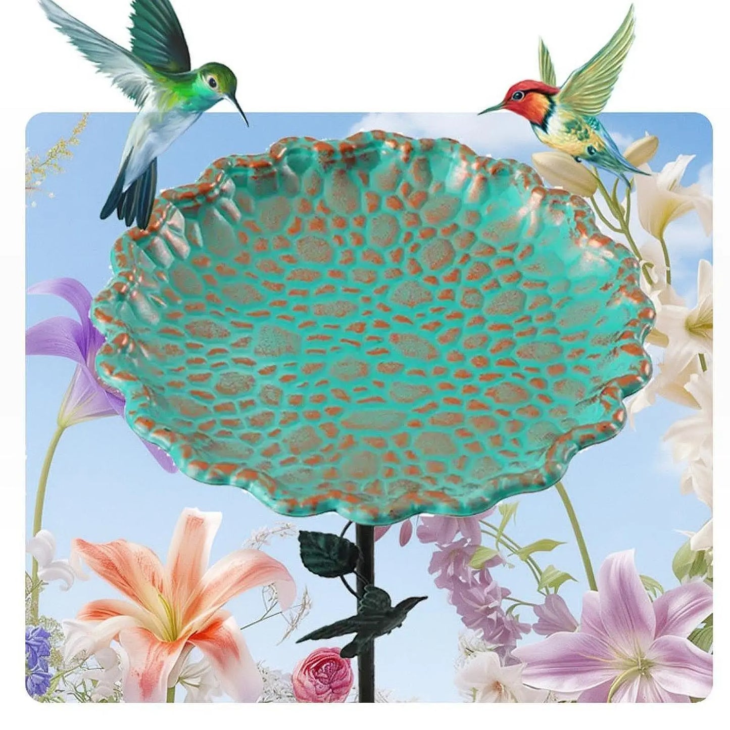 Garden Metal Bird Bath Iron Gift Weather Resistant Ornament Decorative Birdfeeder with Metal Stake for Outdoor Garden Courtyard