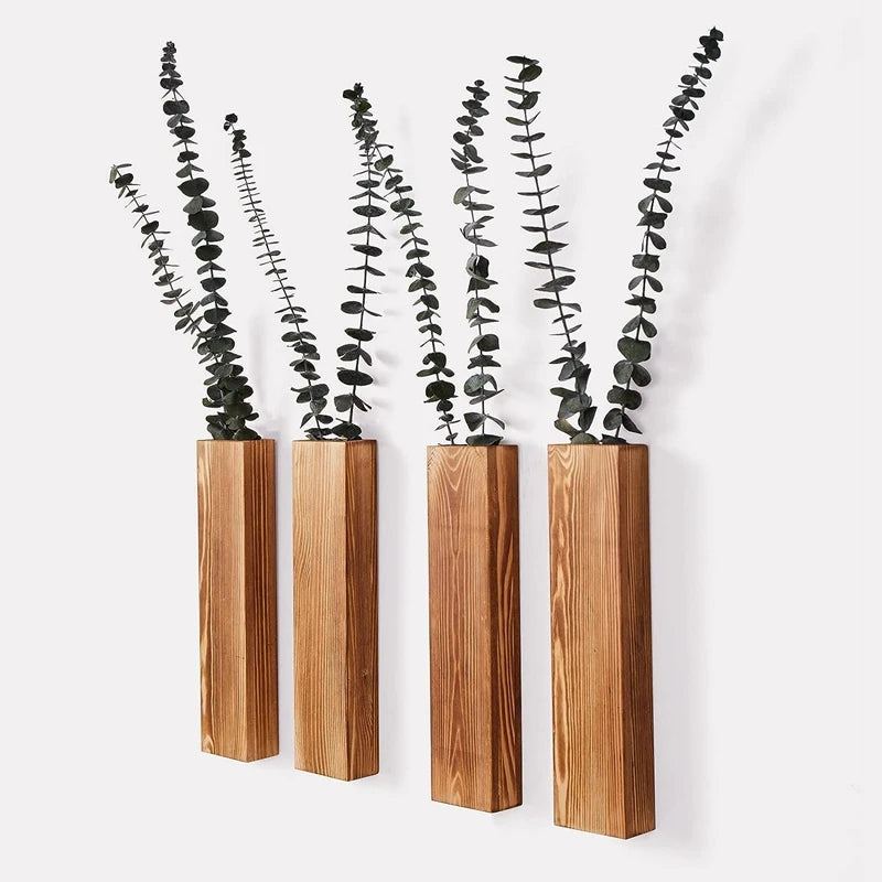 4 Pack Farmhouse Wooden Pocket Wall Vases Wood Wall Decor For Bedroom Living Room