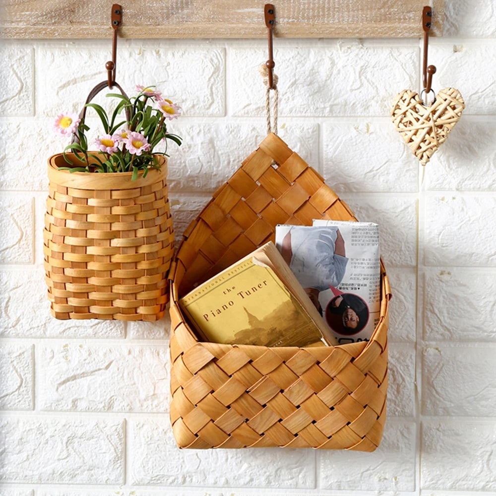 Wall Hanging Storage Baskets Decorative Plant Flower Pot Woven Bamboo Storage Basket for Home Garden Farmhouse Wall Decoration