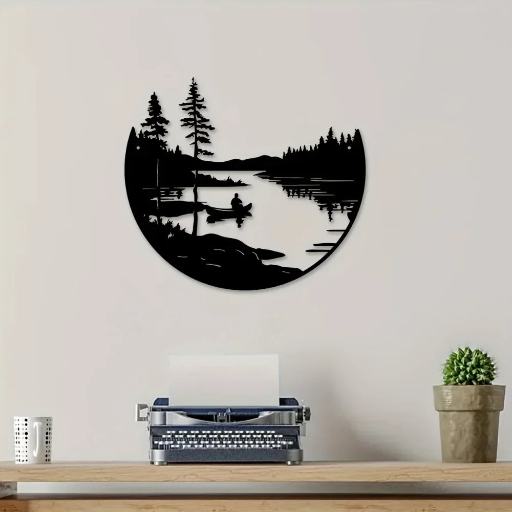 1 pc of bohemian style metal wall art scenic lake and mountain silhouette round outdoor sculpture home and patio wall decoration