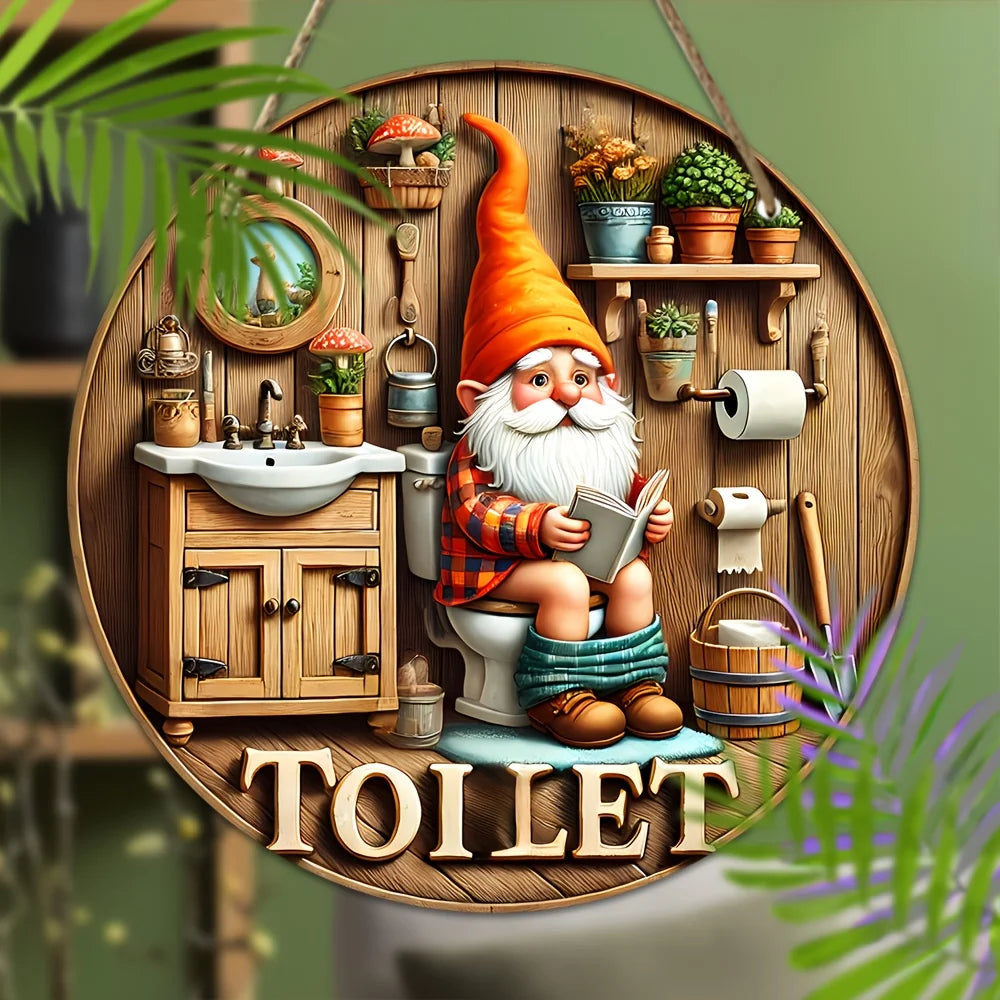 Country Farmhouse Style Wooden Toilet Sign, Charming Dwarf Design, Round Wall Decoration, 8x 8 Inches, Suitable For Home And Out