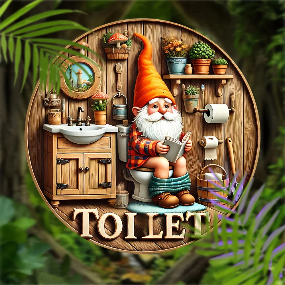 Country Farmhouse Style Wooden Toilet Sign, Charming Dwarf Design, Round Wall Decoration, 8x 8 Inches, Suitable For Home And Out