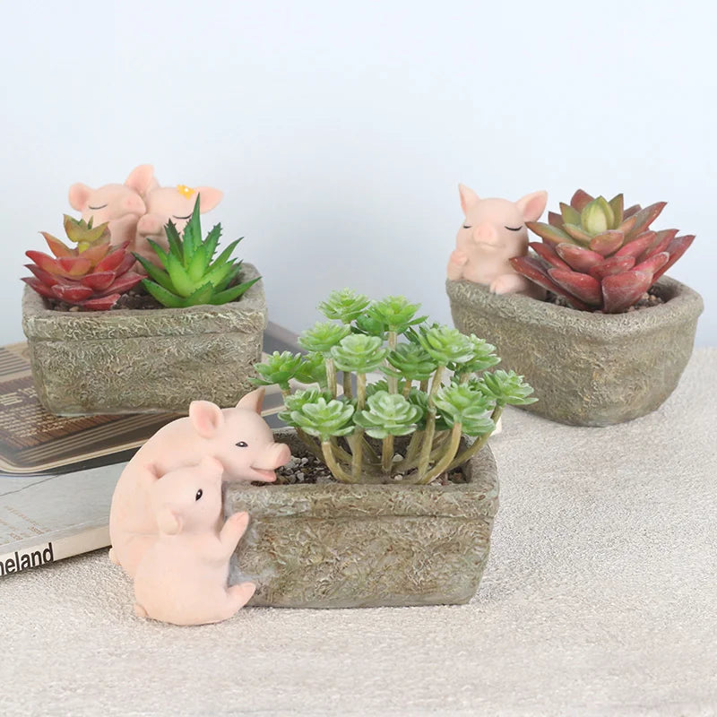 Farmhouse Piggy Flower Pot for Succulents Plants, Animal Resin Planters, Cute Flower Pots Containers, Home Tablptop Decoration