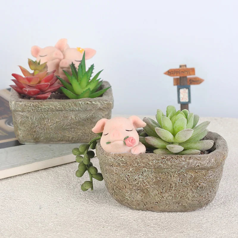 Farmhouse Piggy Flower Pot for Succulents Plants, Animal Resin Planters, Cute Flower Pots Containers, Home Tablptop Decoration