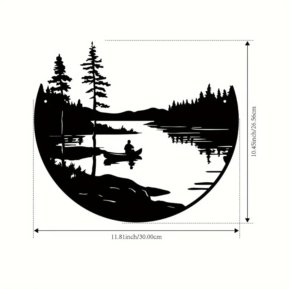 1 pc of bohemian style metal wall art scenic lake and mountain silhouette round outdoor sculpture home and patio wall decoration