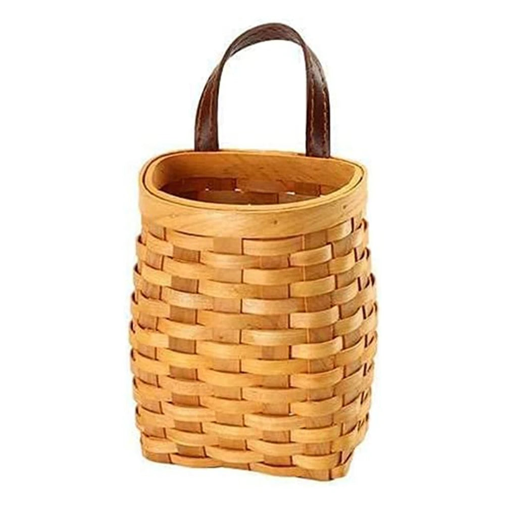Hand-Woven Wood Storage Basket Portable Wall Hanging Flower Basket Organizer Fruit Vegetable Toys Rattan Box Home Decoration