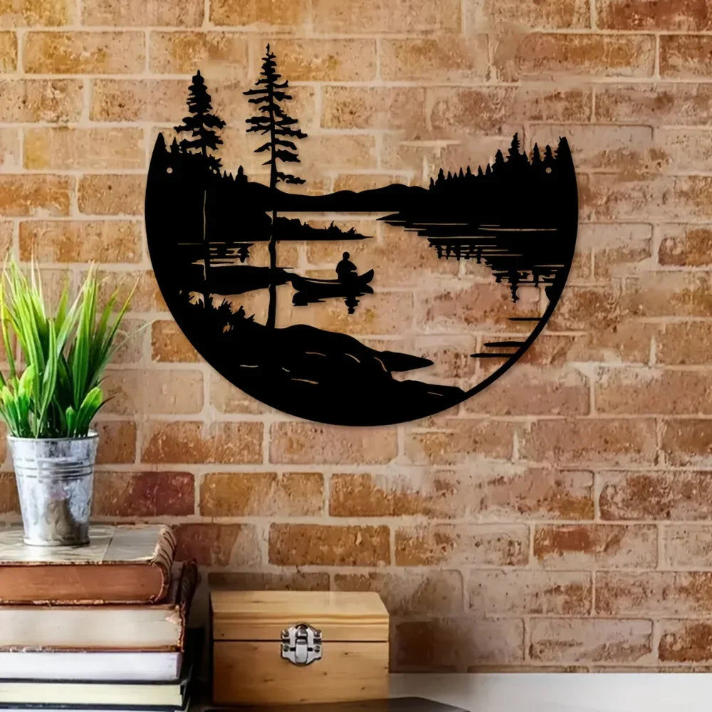 1 pc of bohemian style metal wall art scenic lake and mountain silhouette round outdoor sculpture home and patio wall decoration