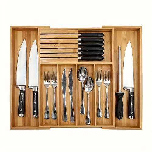 Expandable Bamboo Kitchen Drawer Organizer for Knives and Utensils