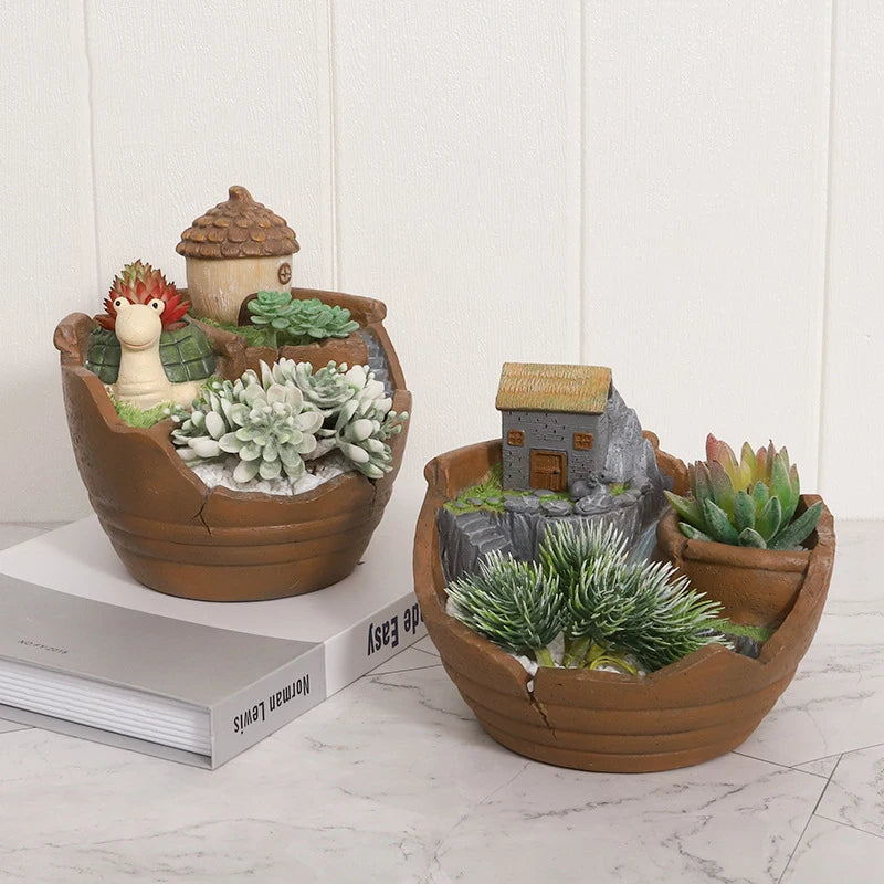 Creative Farmhouse Planter Decorative Flower Pot for Succulents Fairy Garden Desktop Container Zen Ornament Home Decoration