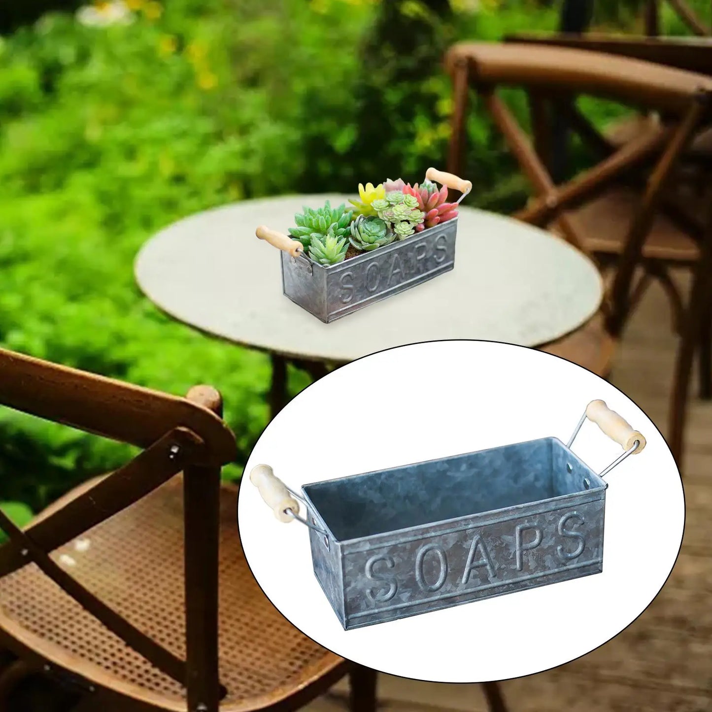 Galvanized Metal Flower Pots, with Wooden Handles Decor Container Vase Iron Flower Pot for Farmhouse Home Windowsill Balcony