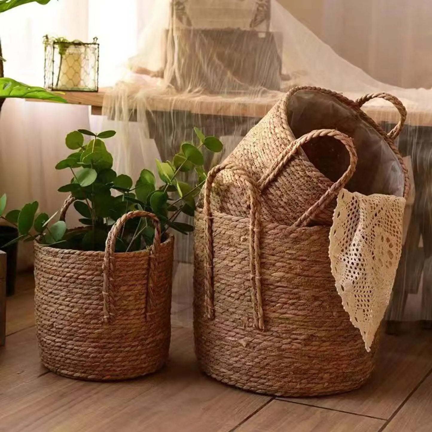 Woven Planter Basket Flower Basket Home Decor, Ornament, Large Capacity Flower Pot Storage Basket for Farmhouse Home Bedroom