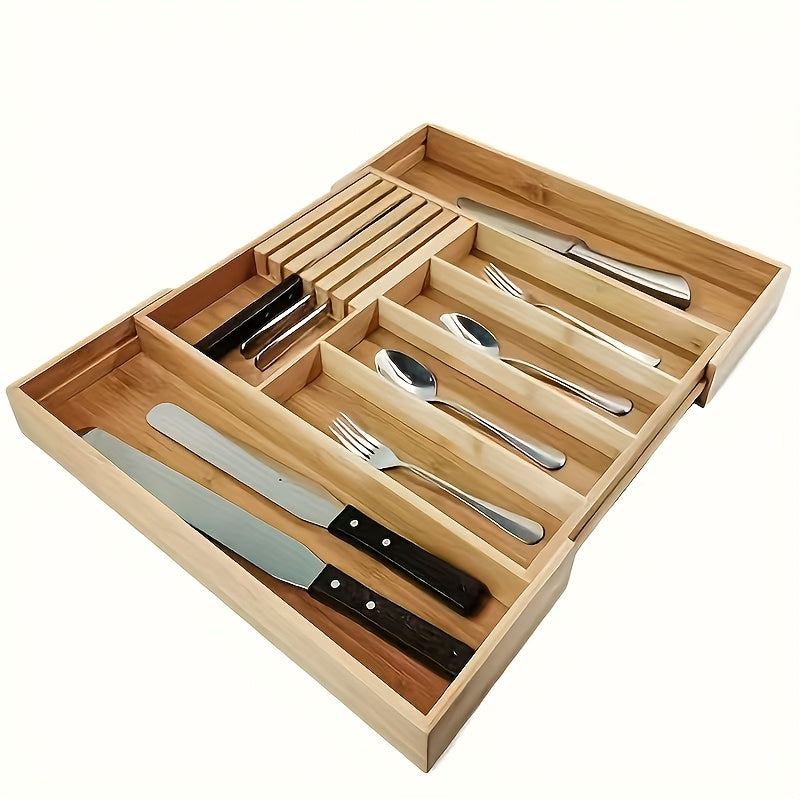 Expandable Bamboo Kitchen Drawer Organizer for Knives and Utensils