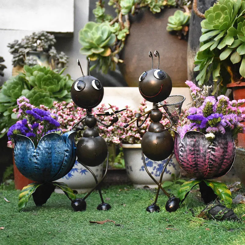 Wrought Iron Ant Flower Pot Figurines Accessories Art Farmhouse Courtyard Statue Decor Items Home Balcony Sculpture Decoration