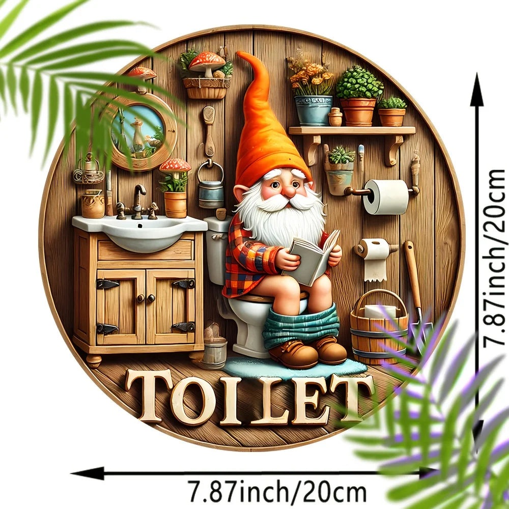 Country Farmhouse Style Wooden Toilet Sign, Charming Dwarf Design, Round Wall Decoration, 8x 8 Inches, Suitable For Home And Out