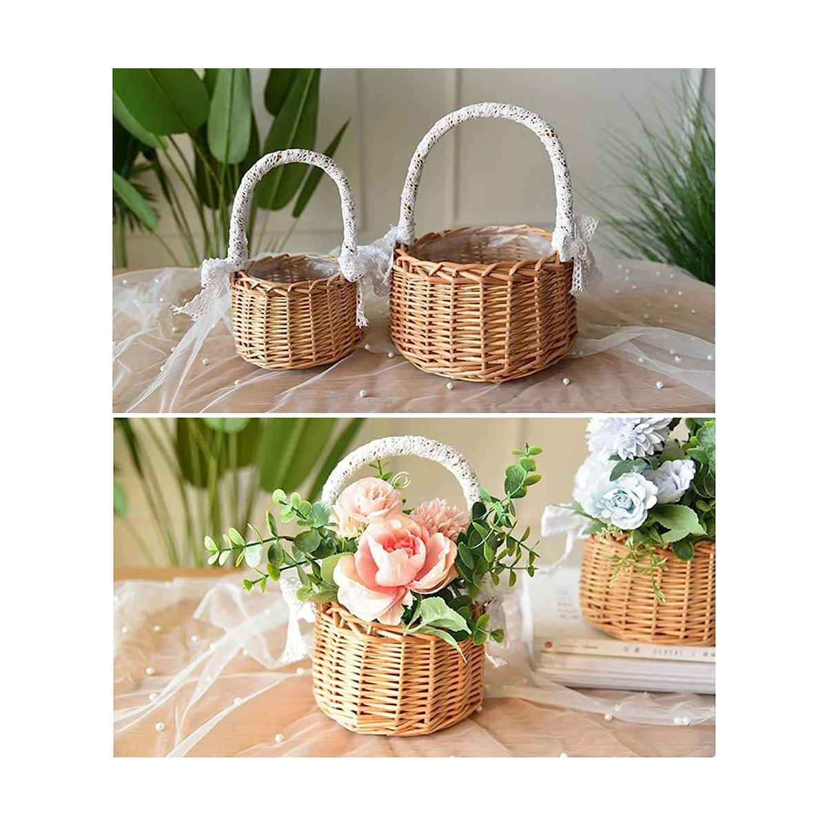 2PCS Woven Storage Basket with Handle,Wedding Flower Girl Baskets,Wicker Rattan Flower Baskets for Home Garden Decor