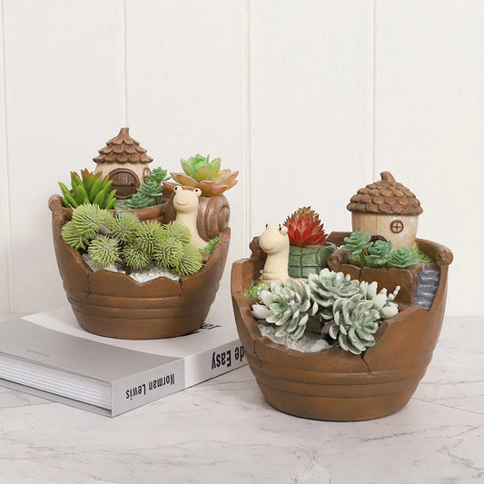 Creative Farmhouse Planter Decorative Flower Pot for Succulents Fairy Garden Desktop Container Zen Ornament Home Decoration