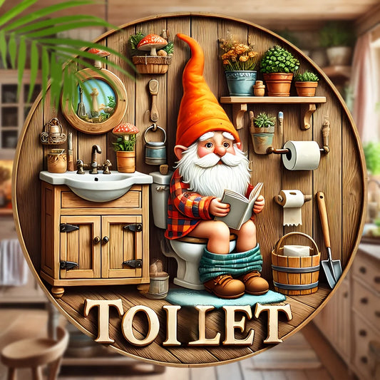 Country Farmhouse Style Wooden Toilet Sign, Charming Dwarf Design, Round Wall Decoration, 8x 8 Inches, Suitable For Home And Out