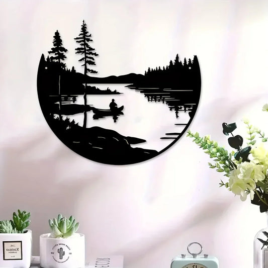 1 pc of bohemian style metal wall art scenic lake and mountain silhouette round outdoor sculpture home and patio wall decoration