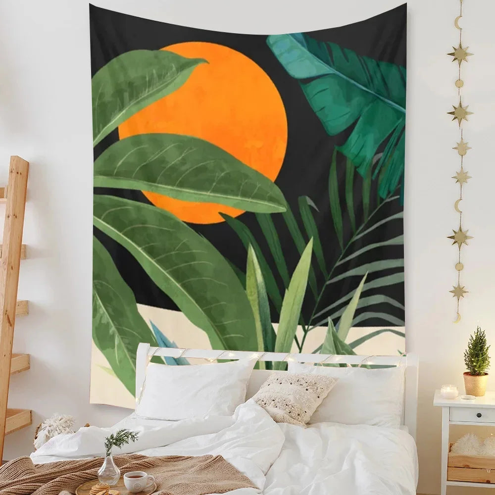Tapestry Beach Bedroom Decor Background Leaves Sun  Wall Hanging Tropical  Plants Room