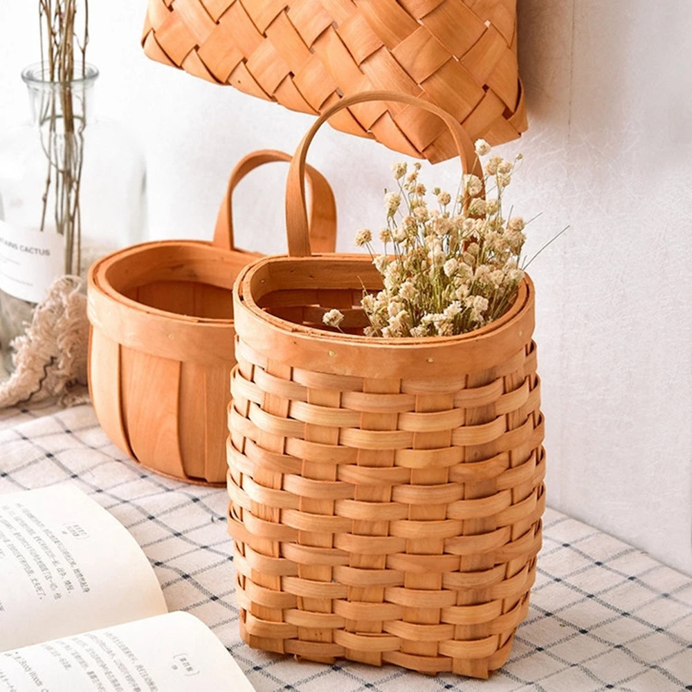 Hand-Woven Wood Storage Basket Portable Wall Hanging Flower Basket Organizer Fruit Vegetable Toys Rattan Box Home Decoration