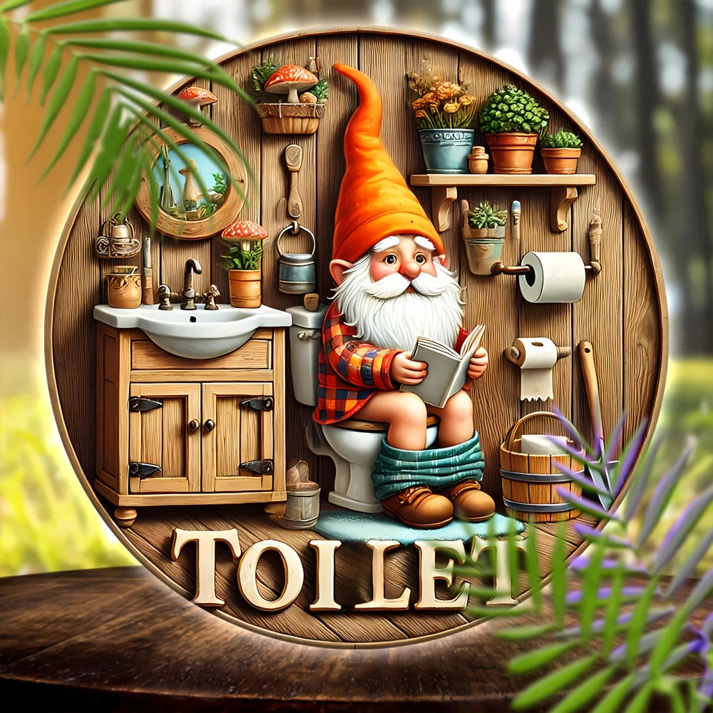 Country Farmhouse Style Wooden Toilet Sign, Charming Dwarf Design, Round Wall Decoration, 8x 8 Inches, Suitable For Home And Out