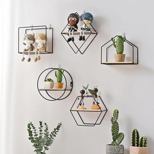 Iron Storage Shelf Geometric Nordic Style Storage Rack Novelty Artistic Storage Holder DIY Wall Mounted Home Decor Storage Shelf