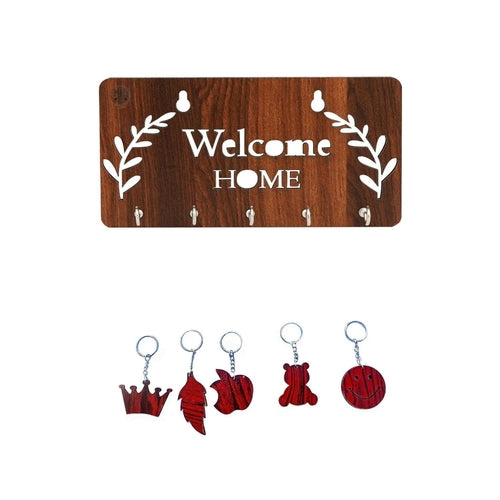 Wooden Key Holder (Pack of 1 + Free Key Chains) for Home Decor and